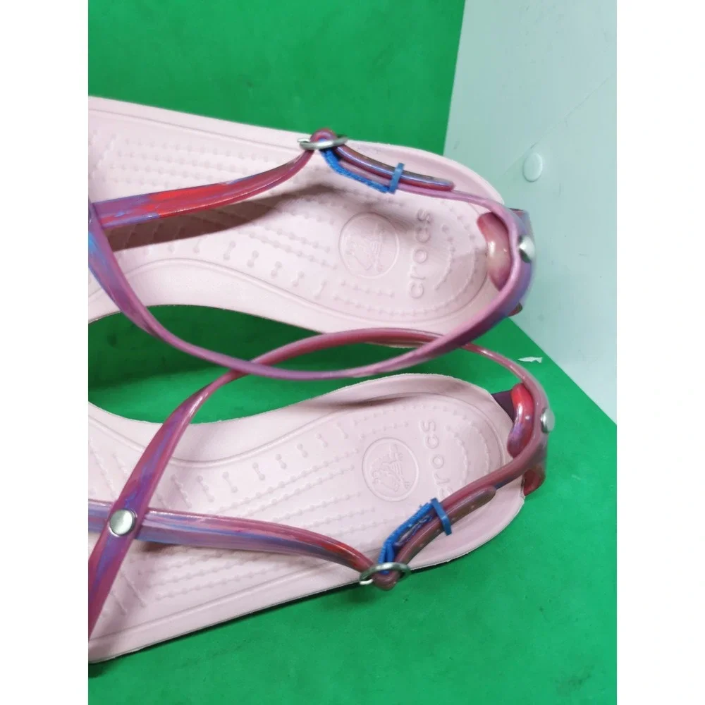 CROCS Size 7 Really Sexi Thong Pink Marble Studded Strappy Sandals Comfort Flat